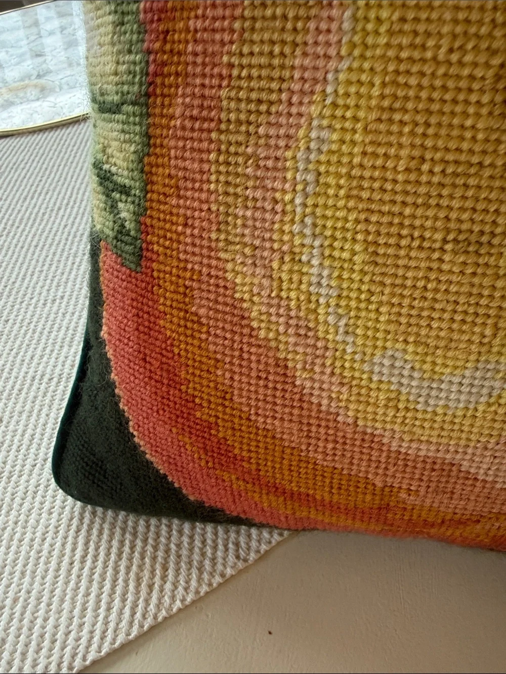 Hand-Needlepoint Pear Pillow in Green, Pink & Yellow inperial elegance